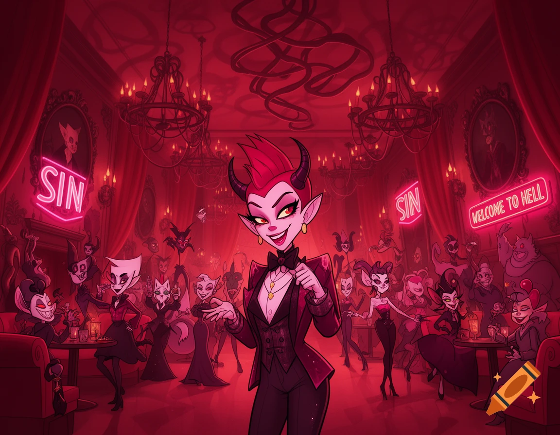 Cartoon demon characters mingle in a red-lit, ornate club with neon signs and chandeliers, in an animated style.