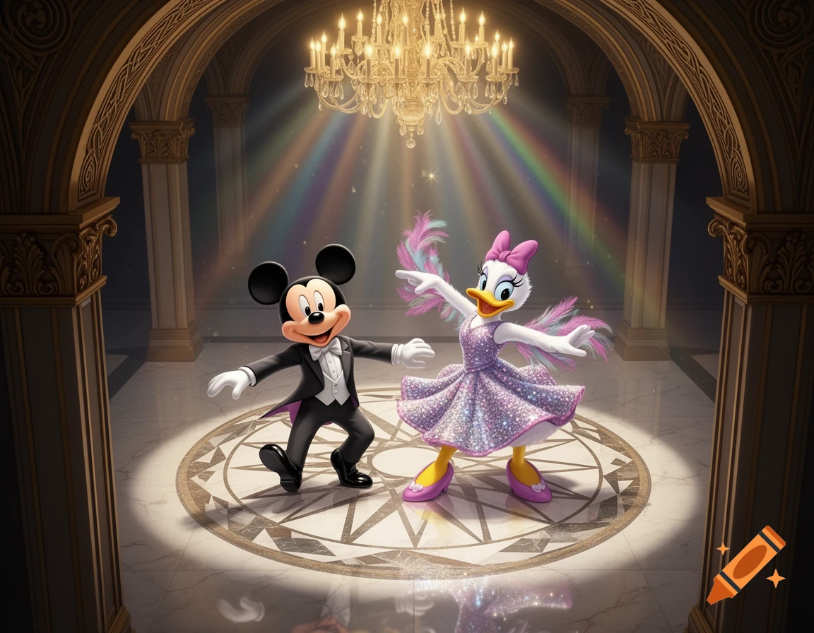 Mickey Mouse and Daisy Duck dance elegantly in a grand ballroom with a sparkling chandelier and colorful light rays.