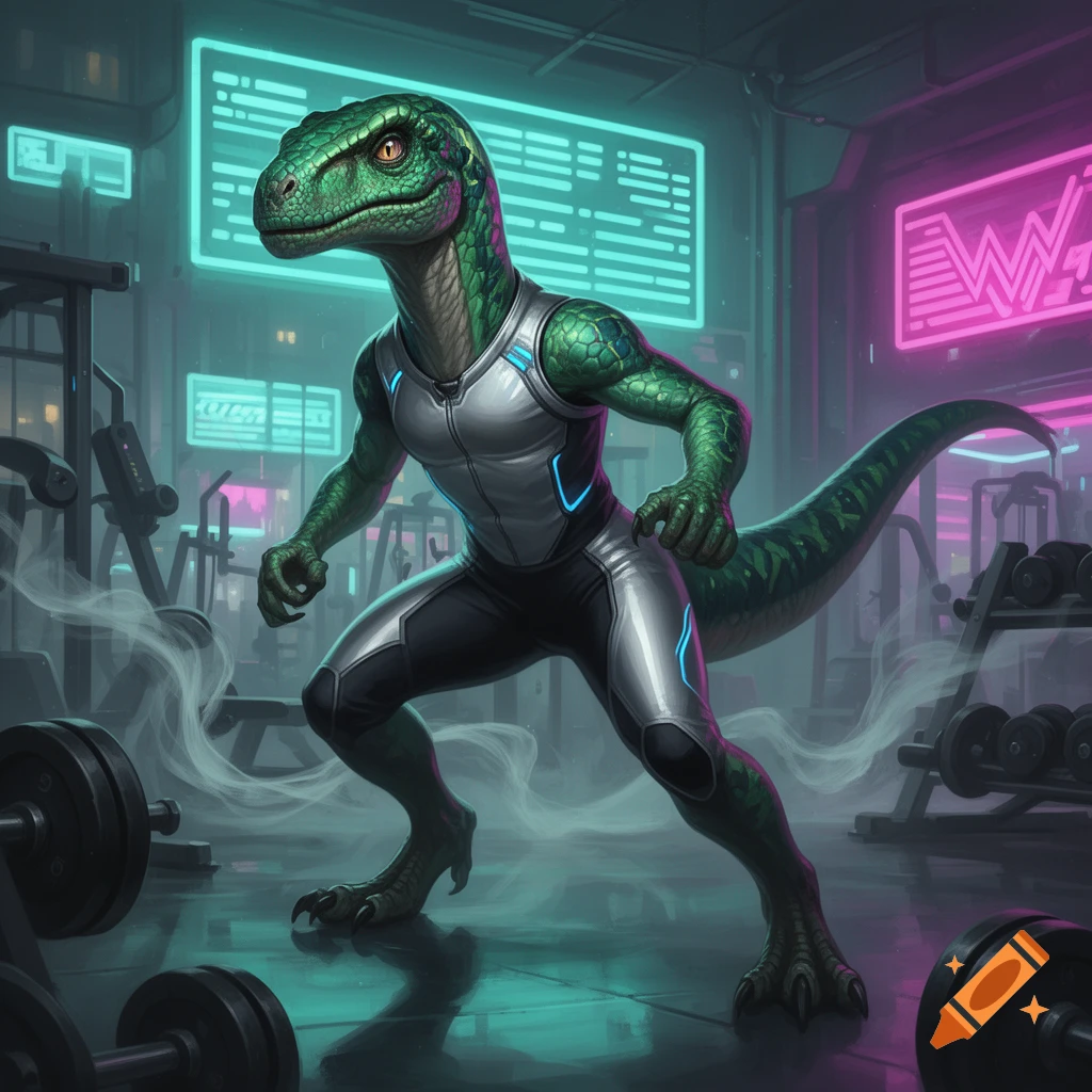 A green anthropomorphic raptor in a silver and black futuristic gym ...