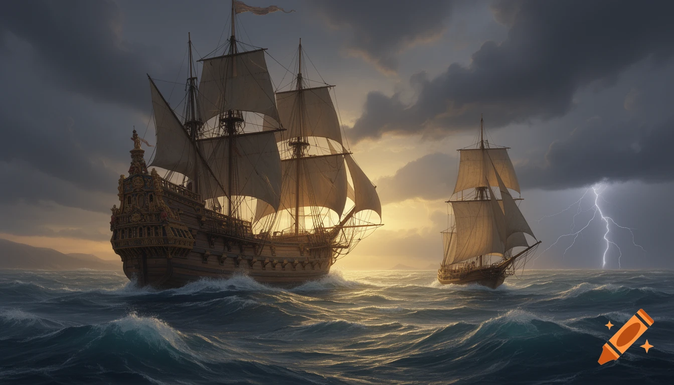 A large galleon and a smaller brig sail on a rough, stormy sea at dusk, with lightning striking in the distance.