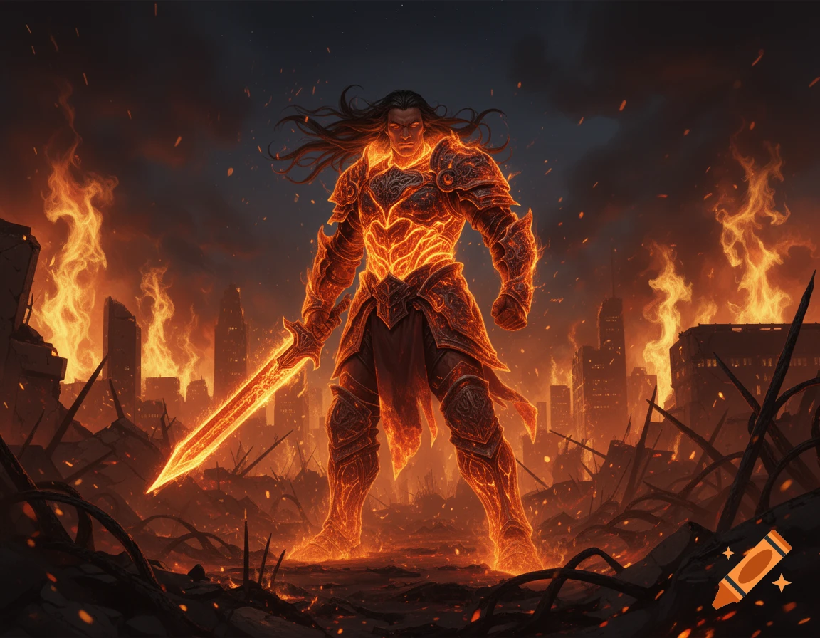 A fiery warrior in glowing armor wields a burning sword amidst a city in flames under a dark, smoke-filled sky.