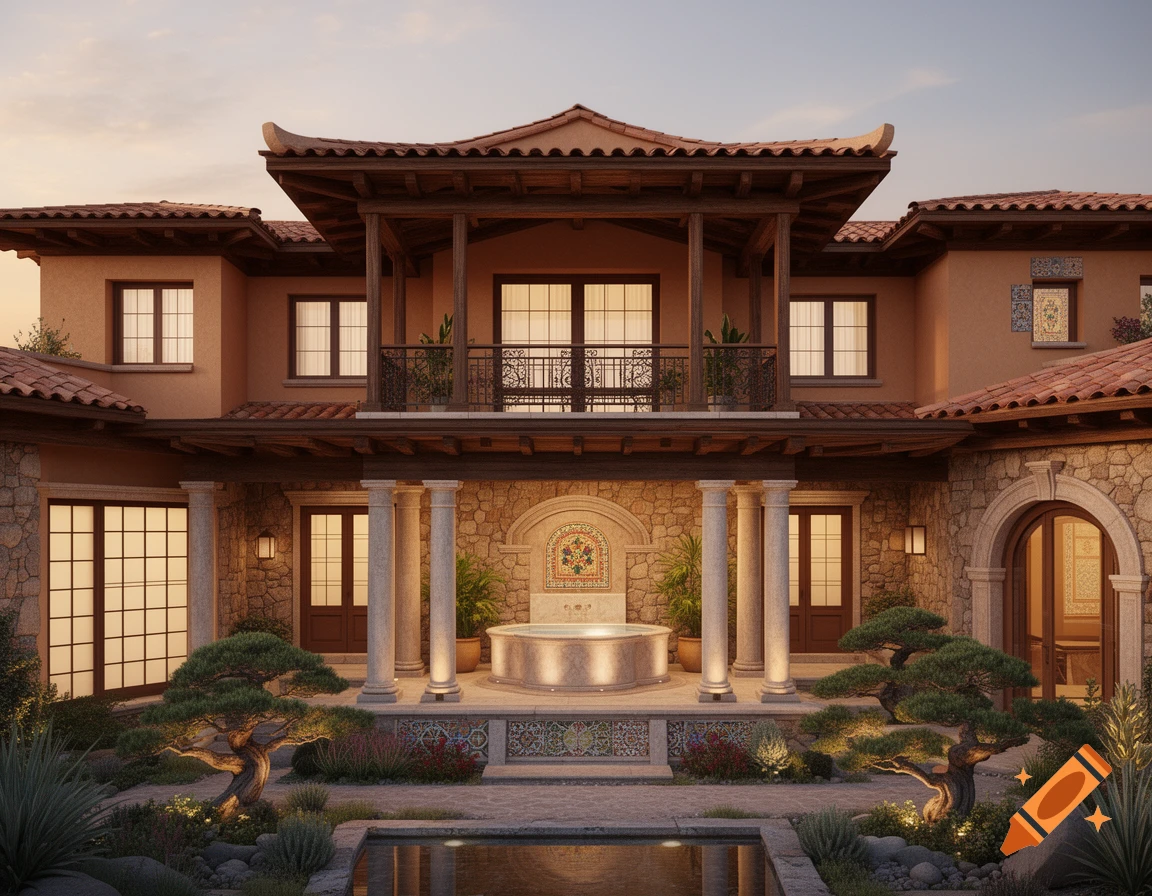Luxurious architectural fusion house blending Japanese, Roman, and Mexican styles, with a courtyard, fountain, and gardens at golden hour.