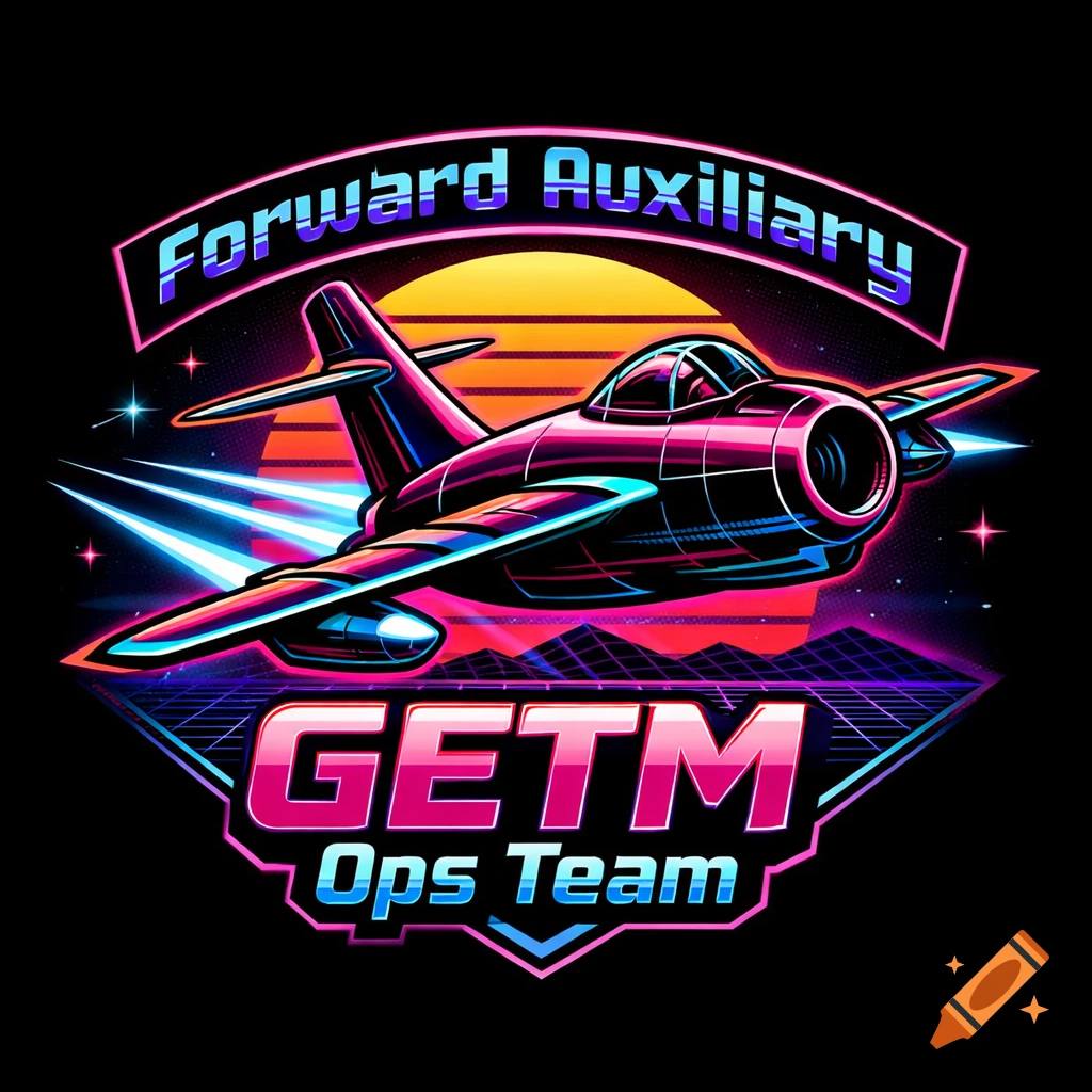 Synthwave logo featuring a neon pink and blue MIG-15 jet, 80s grid sunset background, with text 'Forward Auxiliary GETM Ops Team'.