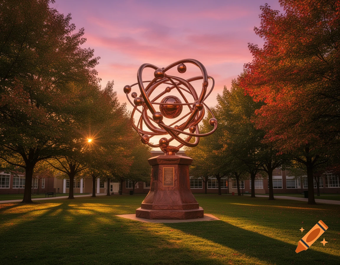 A majestic bronze atom monument stands on a grassy campus lawn, surrounded by trees, under a dramatic sunset sky at golden hour.