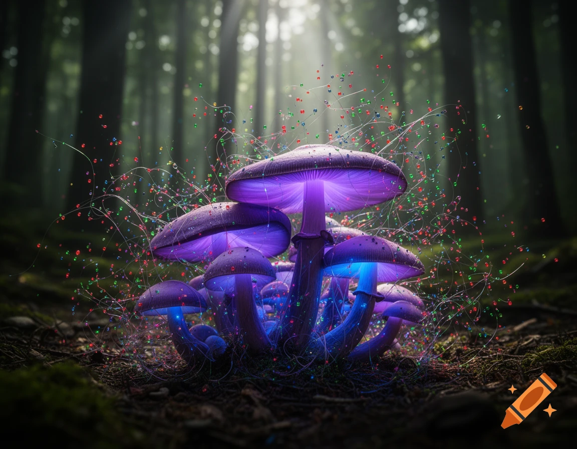 Glowing purple and blue mushrooms on a dark forest floor, surrounded by swirling colorful particles, with sunbeams in the background.