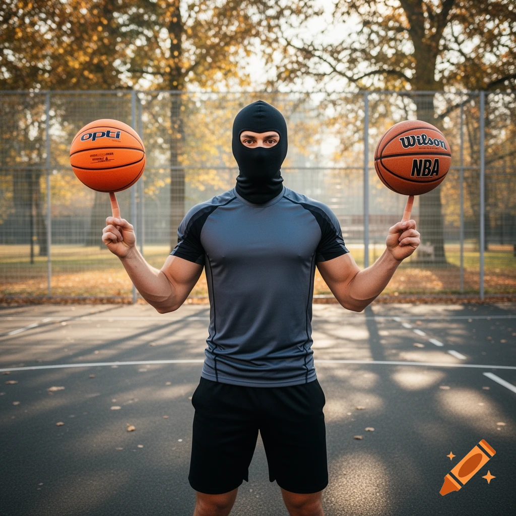 A person in a black ski mask balancing an 'OPTI' basketball on one finger and a 'Wilson NBA' basketball on the other on an outdoor court.