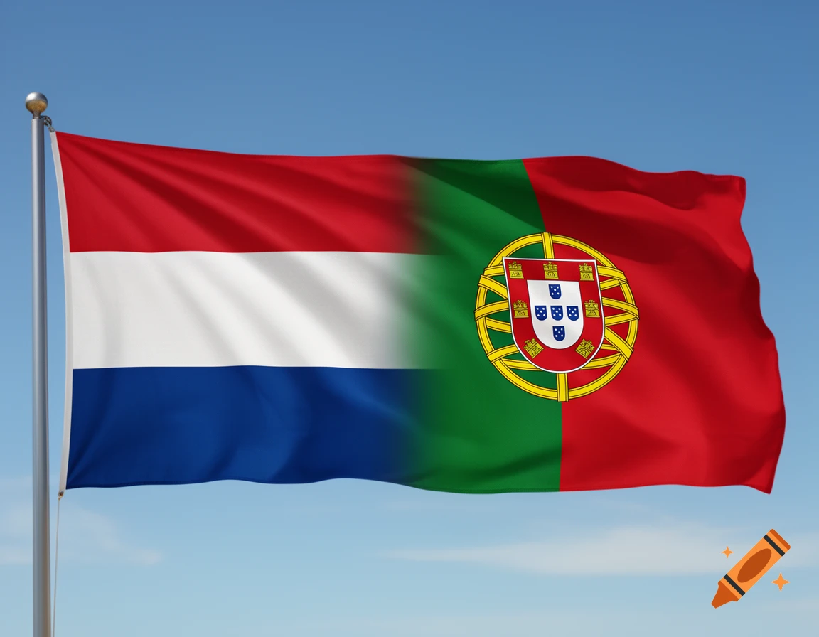 An amalgamated flag combining the Dutch and Portuguese national flags, flying against a clear blue sky.
