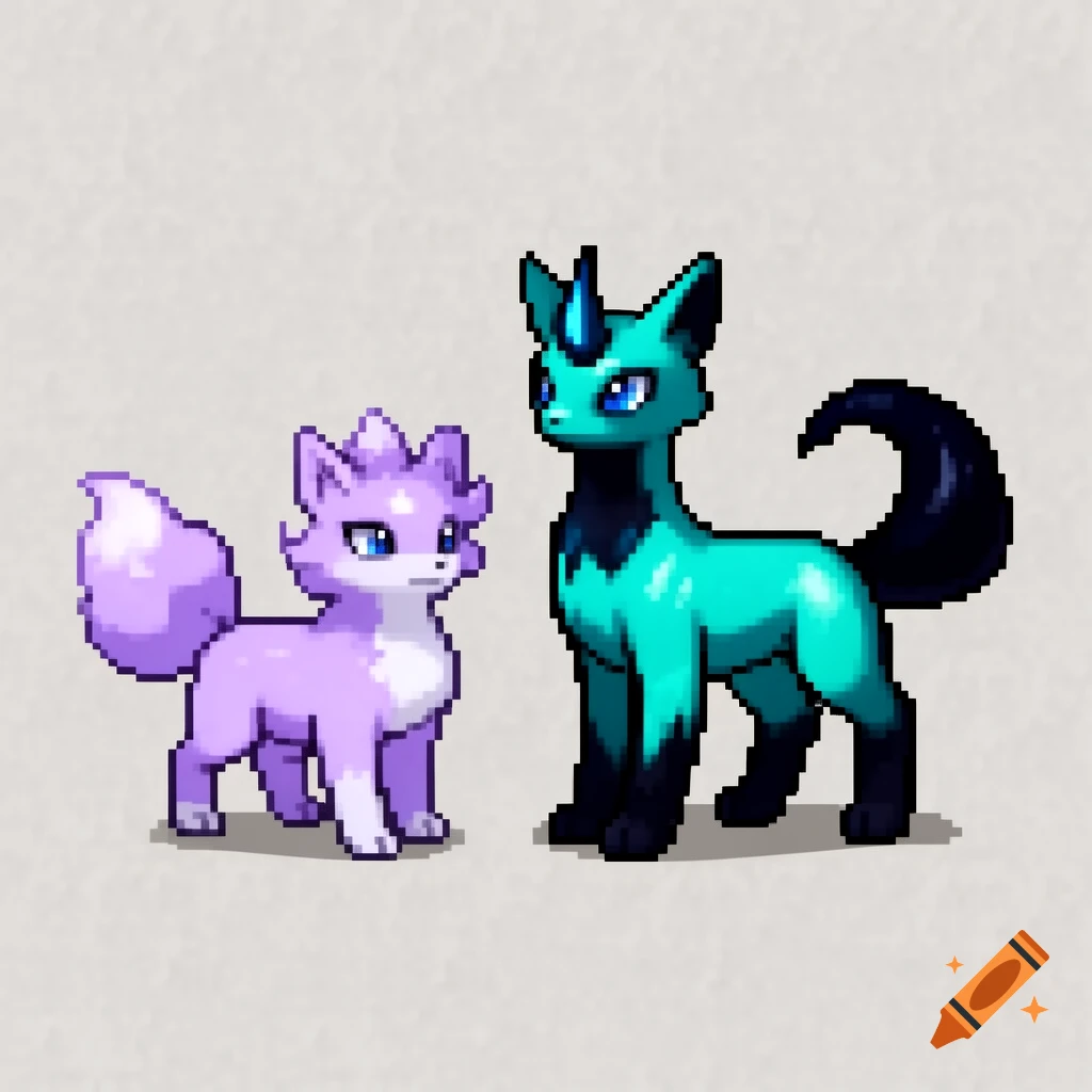 A pixel art image featuring a purple fox-like creature and a teal cat-like creature with a horn against a light gray background.