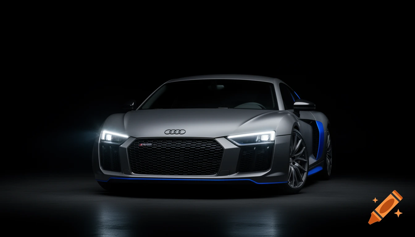 A silver Audi R8 with blue accents, headlights on, front view, against a black background.