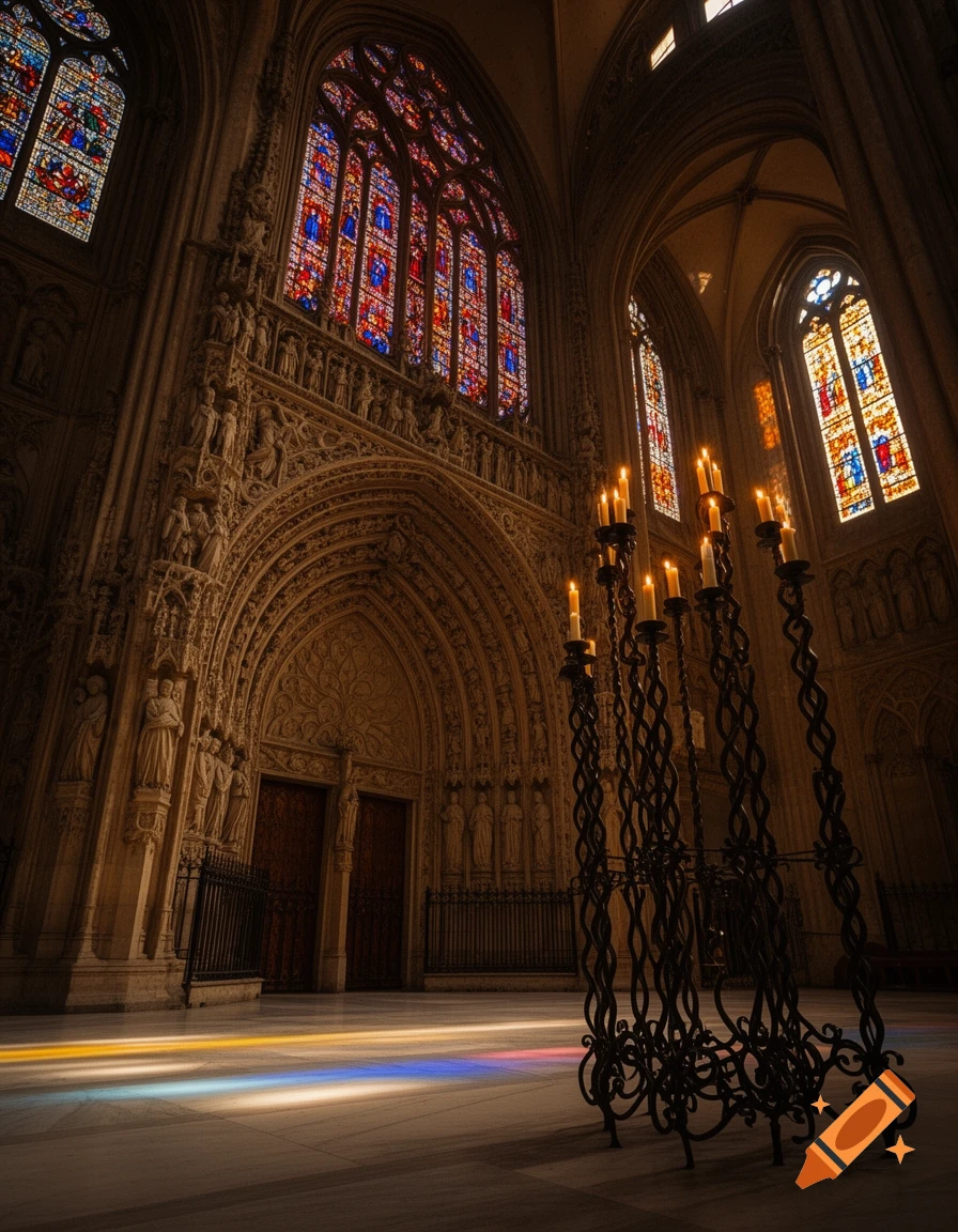 Grand cathedral interior, Gothic architecture, vibrant stained glass, ornate carvings, and a candelabra with lit candles. Light rays on the floor.