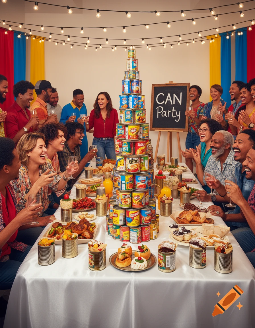 A diverse group of smiling people gathered around a long table, celebrating a "CAN Party" with a tall pyramid of canned goods as a centerpiece. Festive string lights hang overhead.