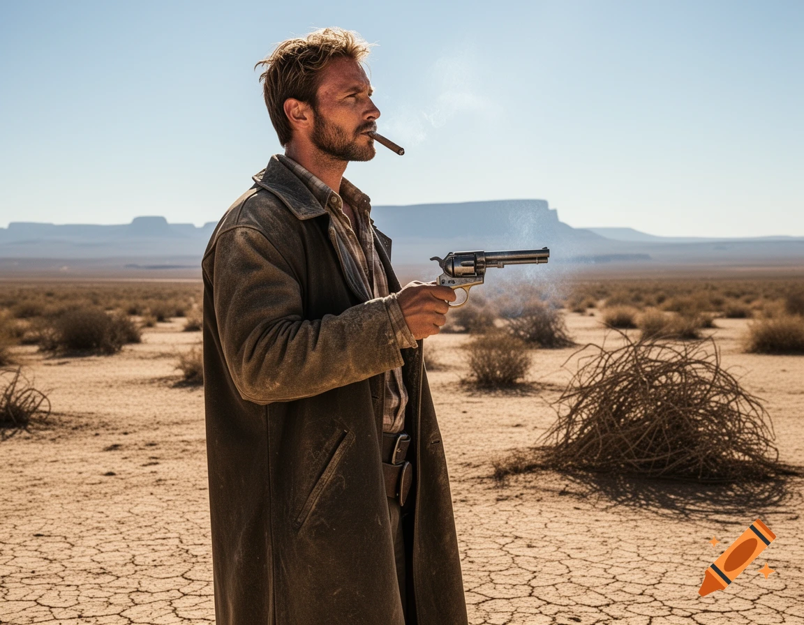 Photorealistic image of a rugged man in a duster coat, holding a smoking revolver and cigar, in a vast cracked desert.
