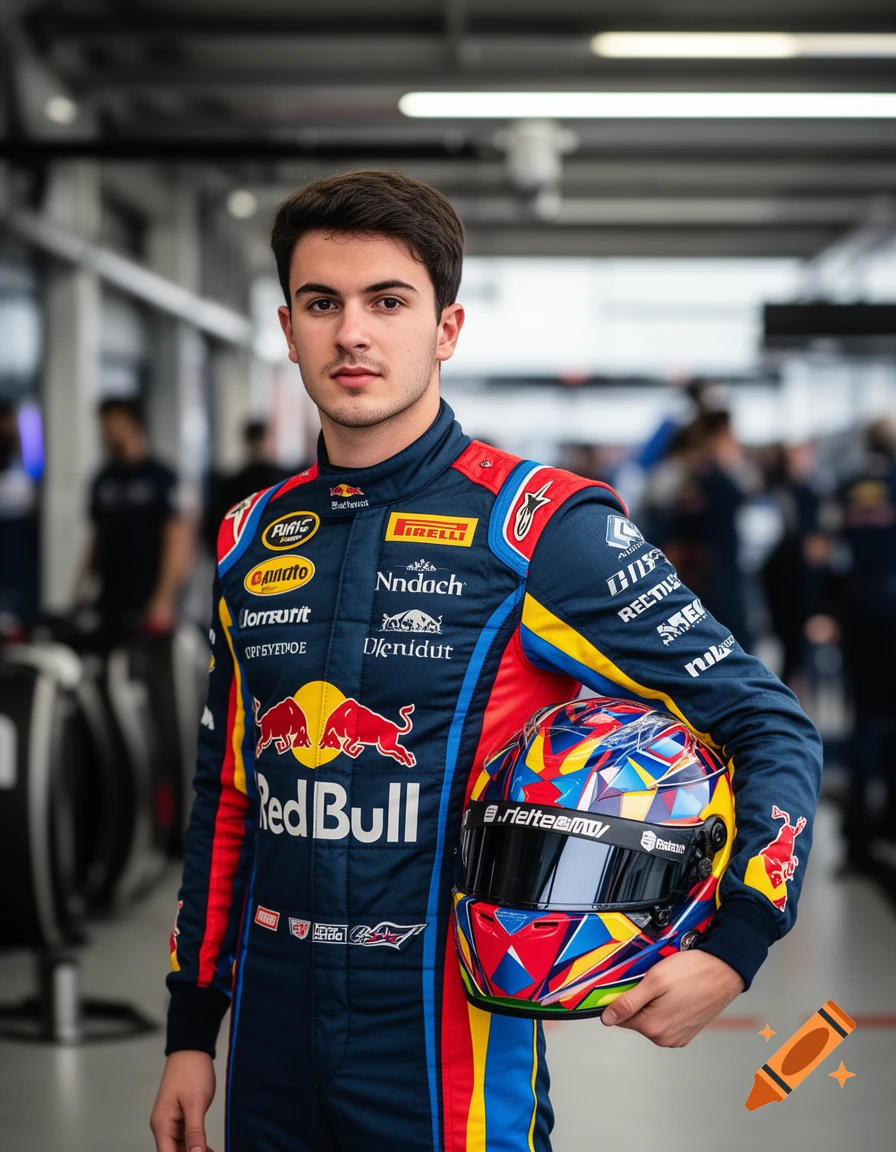 A photorealistic image of a young male race car driver in a blue, red, and yellow race suit, holding a multi-colored helmet.