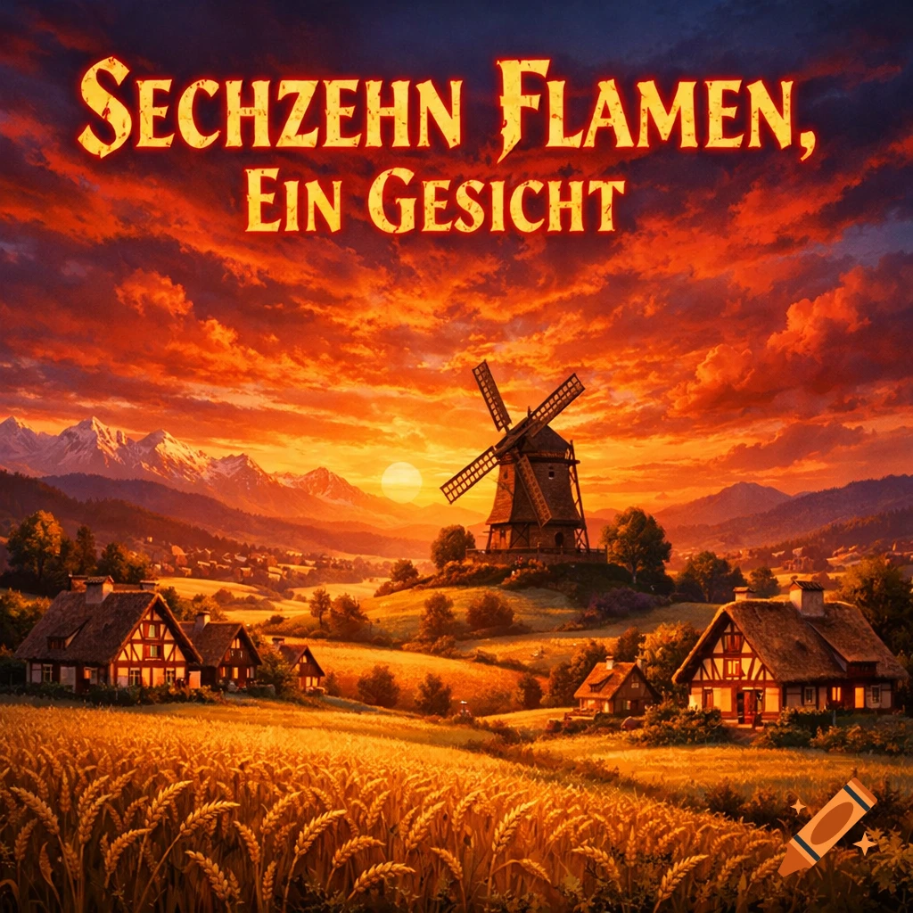 A vibrant sunset landscape with a windmill, houses, and wheat fields under a fiery sky, with text 'SECHZEHN FLAMEN, EIN GESICHT'.