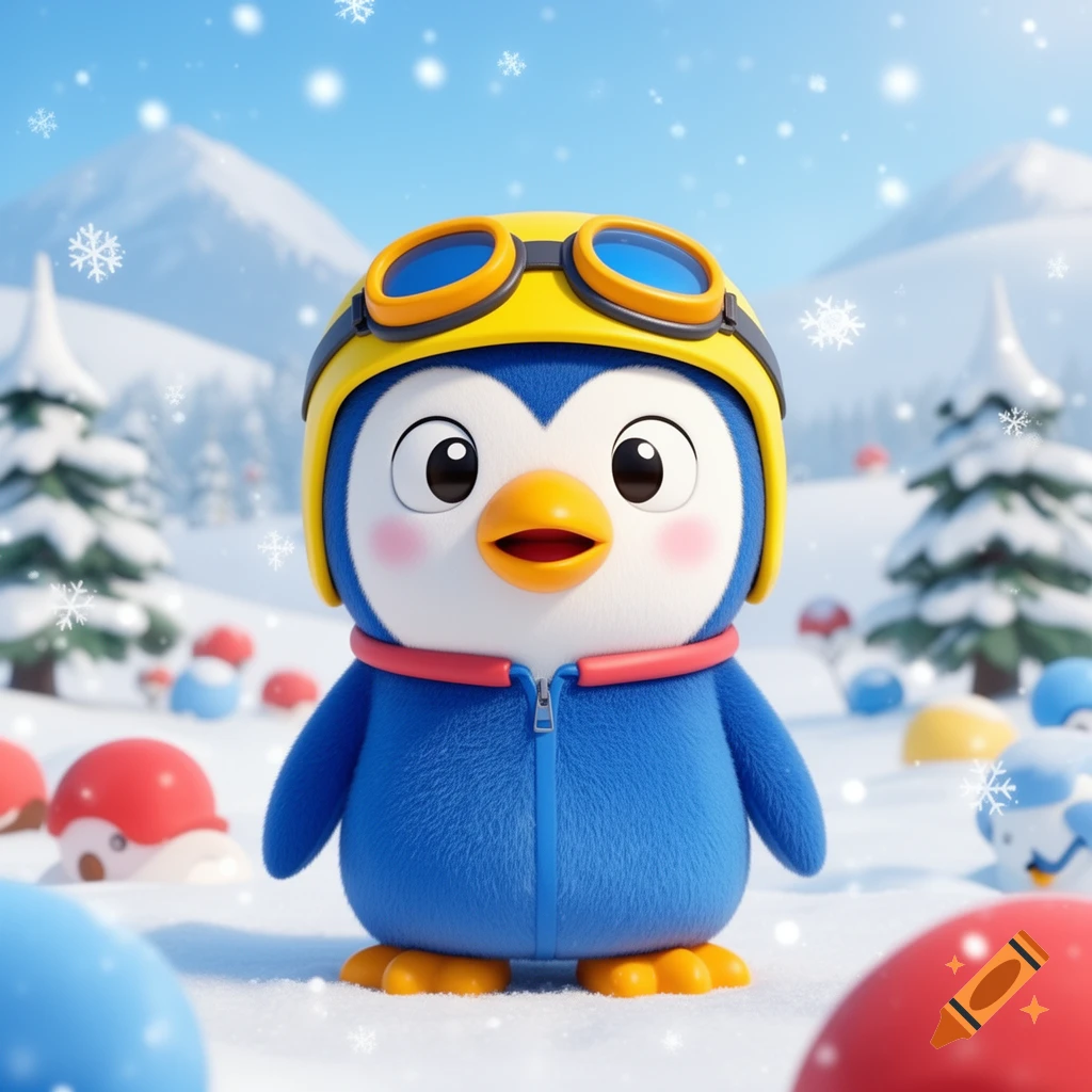 Cute blue cartoon penguin with yellow helmet and goggles in a snowy mountain landscape with falling snowflakes.