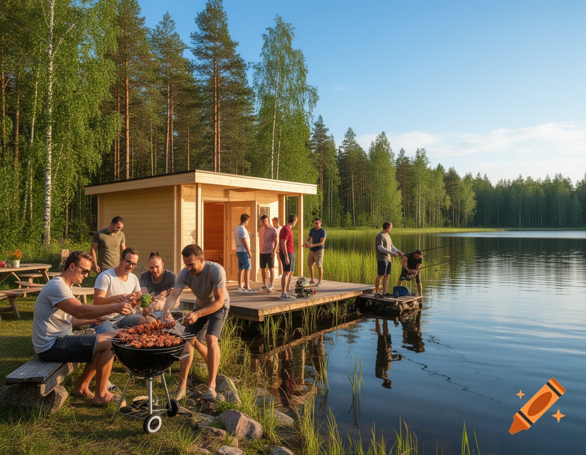 Men grill shashlik by a lake while others fish from a dock next to a wooden cabin surrounded by a forest on a sunny day.