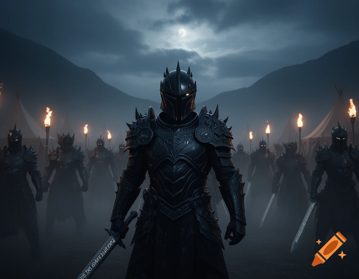 Dark armored soldiers with glowing eyes stand in formation at night, holding swords, with torches and tents in a misty background under a full moon.