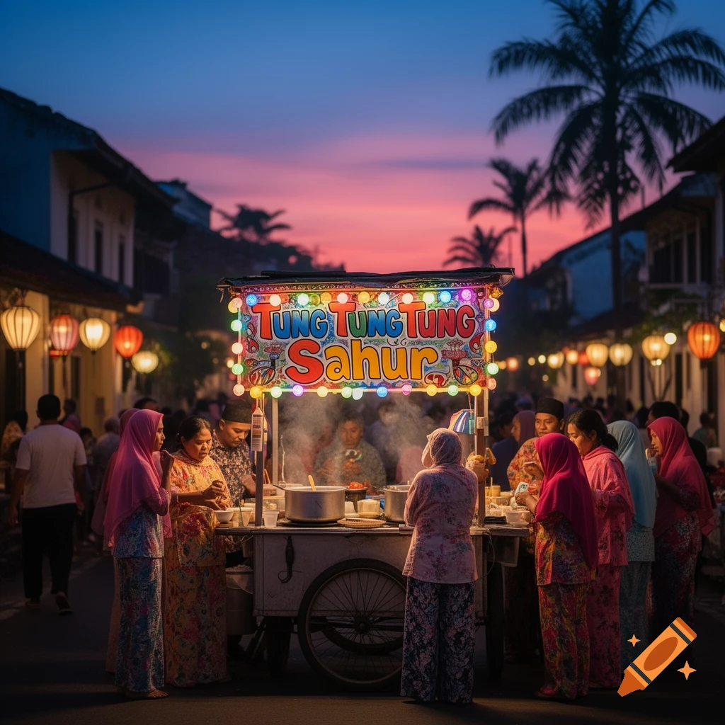A bustling street market at dusk with a brightly lit food cart, reading 'TUNG TUNG TUNG Sahur', surrounded by people.