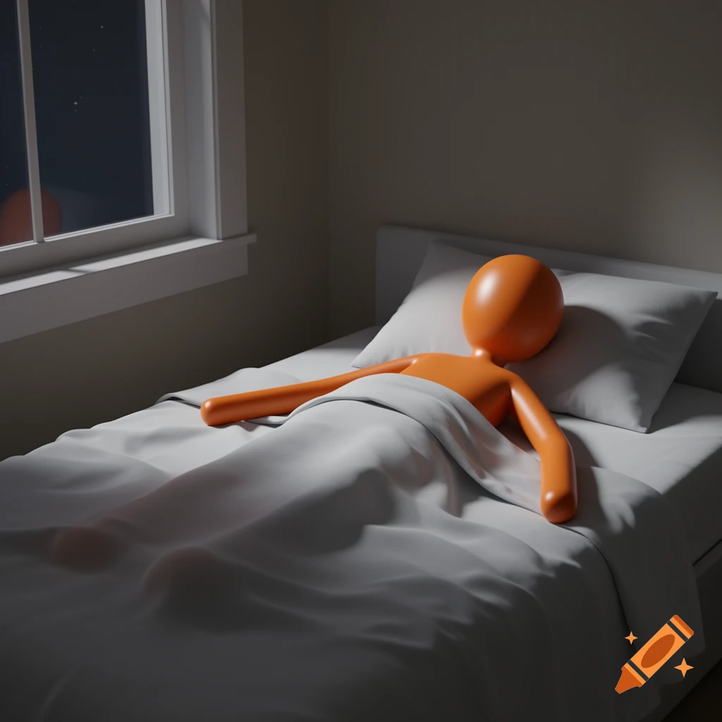 An orange 3D stickman figure lies in bed under white covers in a dimly lit bedroom at night.