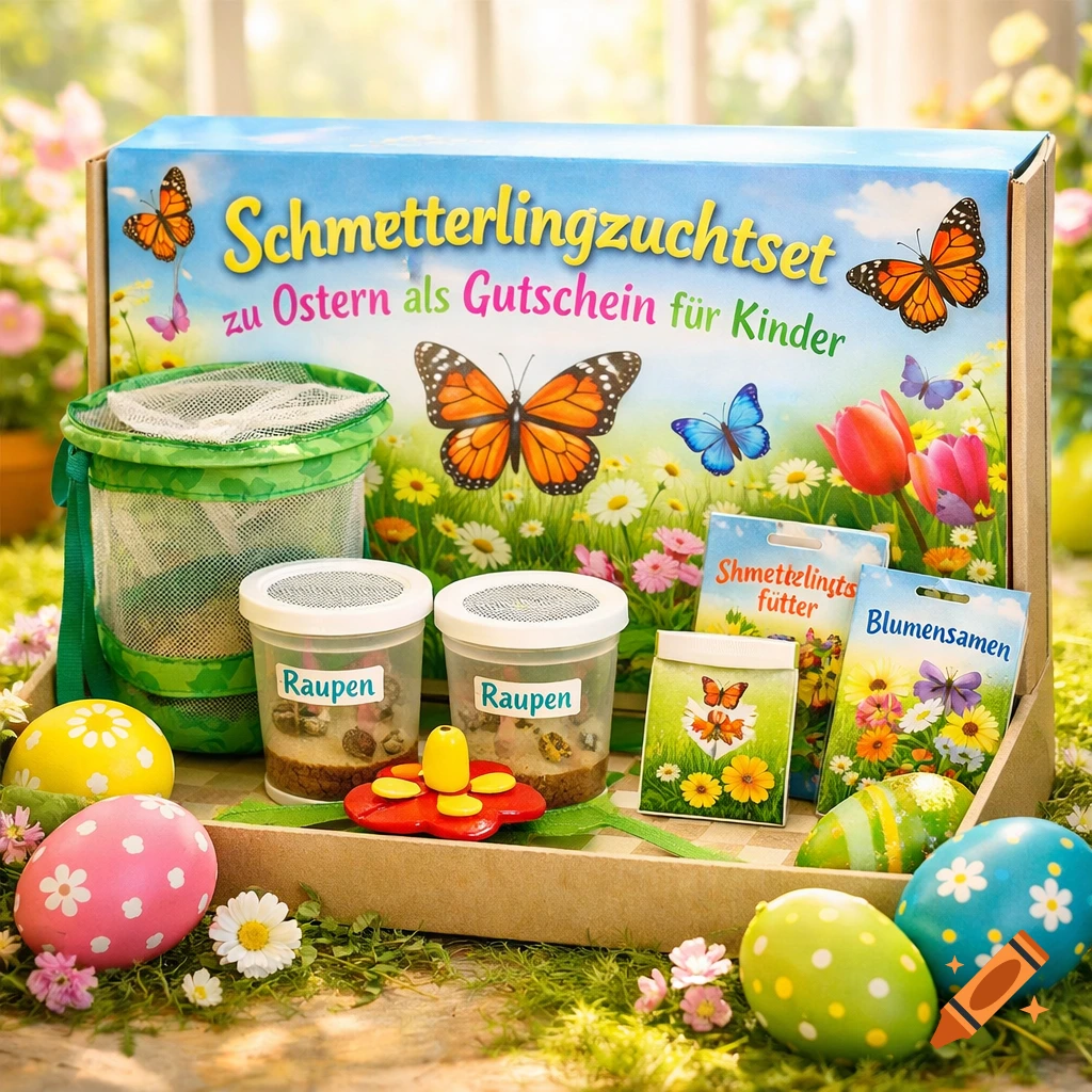 A butterfly breeding kit with a large box title in German, surrounded by colorful Easter eggs and flowers on grass.
