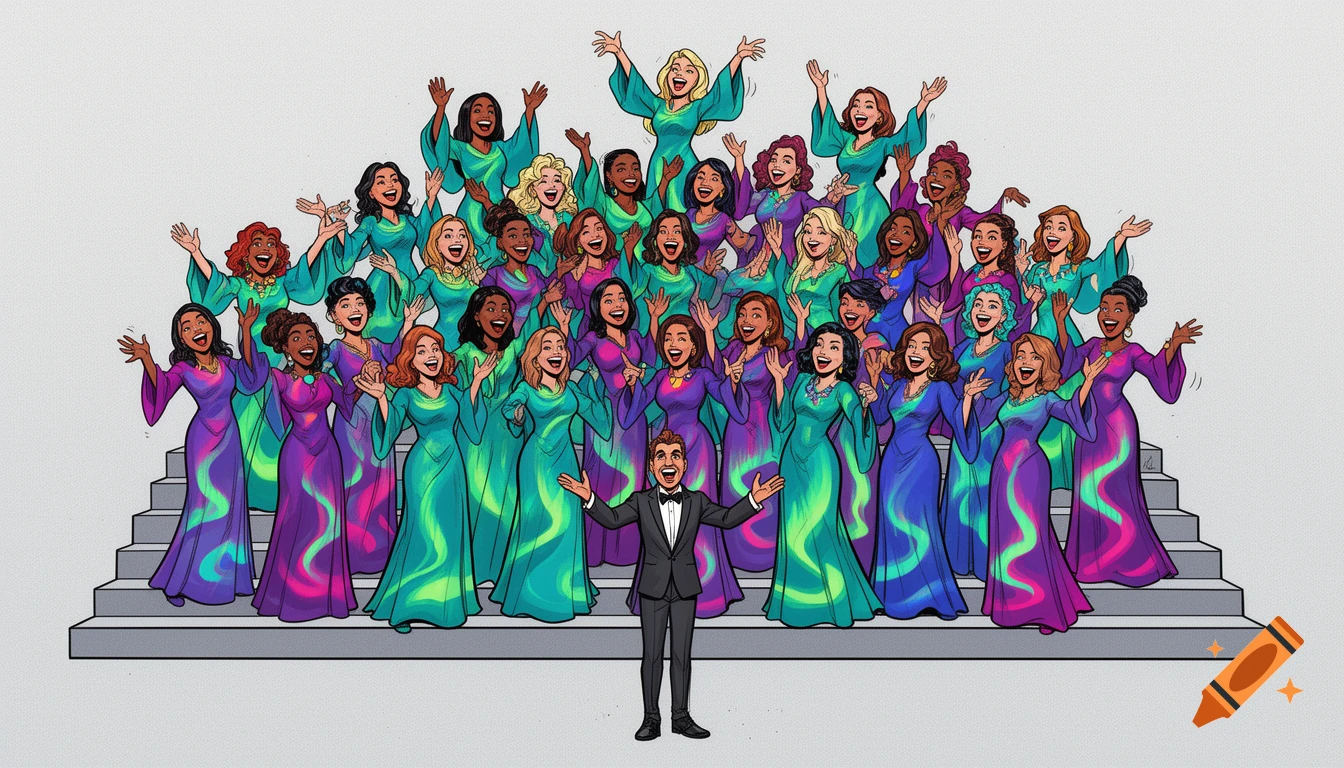 A fun cartoon illustration of a large women's choir and male director on risers, wearing vibrant aurora borealis colored dresses, with cheerful expressions and raised hands.