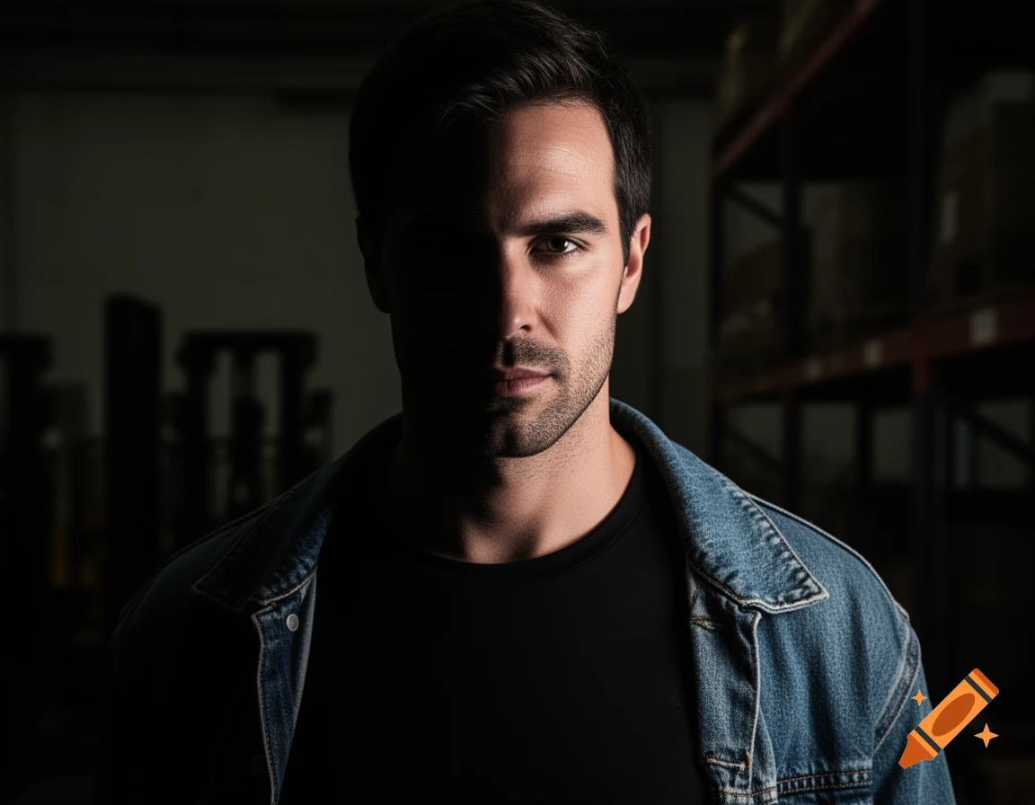 A man in a denim jacket with half his face illuminated, looking intensely at the viewer in a dimly lit warehouse.
