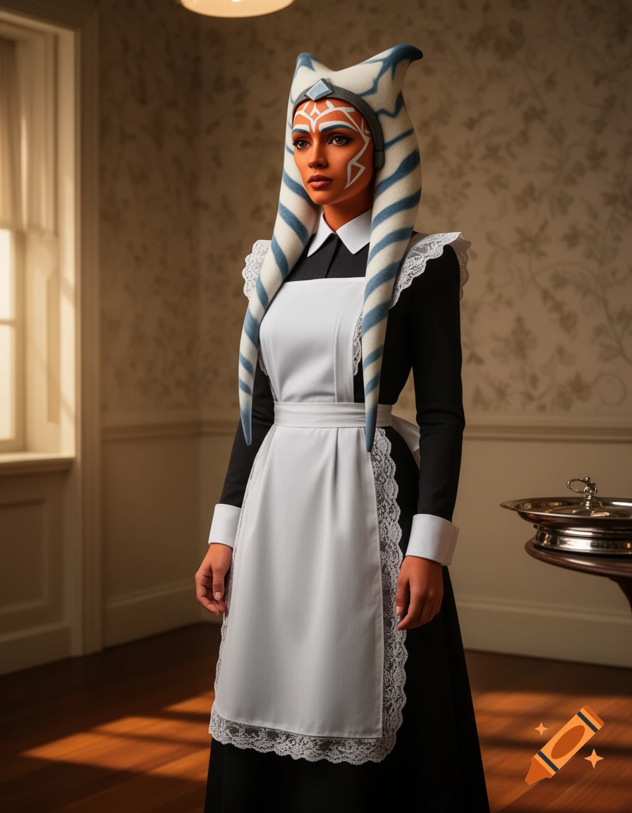 Photorealistic portrait of Ahsoka Tano in a black dress and white lace apron, standing in an ornate room.