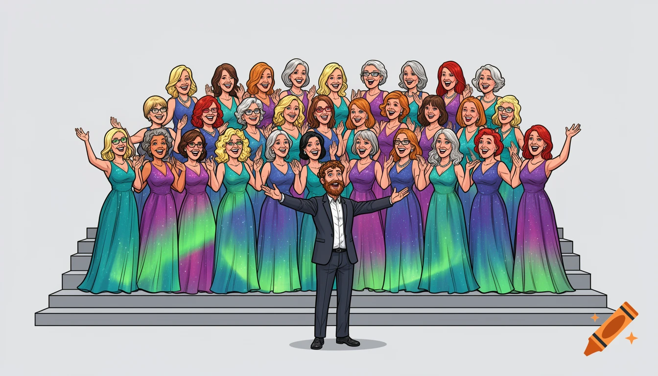A cheerful comic book cartoon illustration of a bearded male director with arms out, standing in front of a large women's chorus group on risers. The women wear flowing gowns in teal, green, purple, and blue.