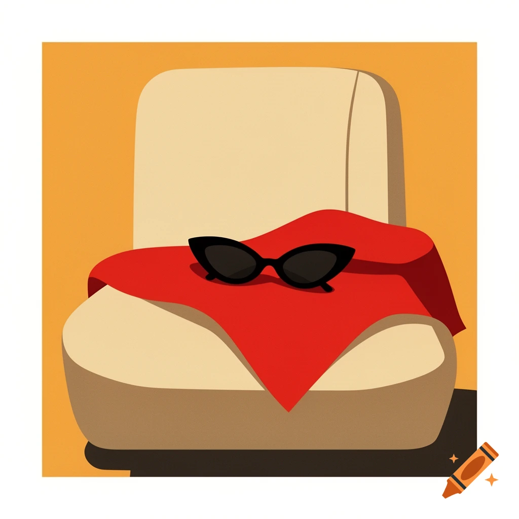 Stylized retro poster of black cat-eye sunglasses on a red cloth over a beige car seat against an orange background.