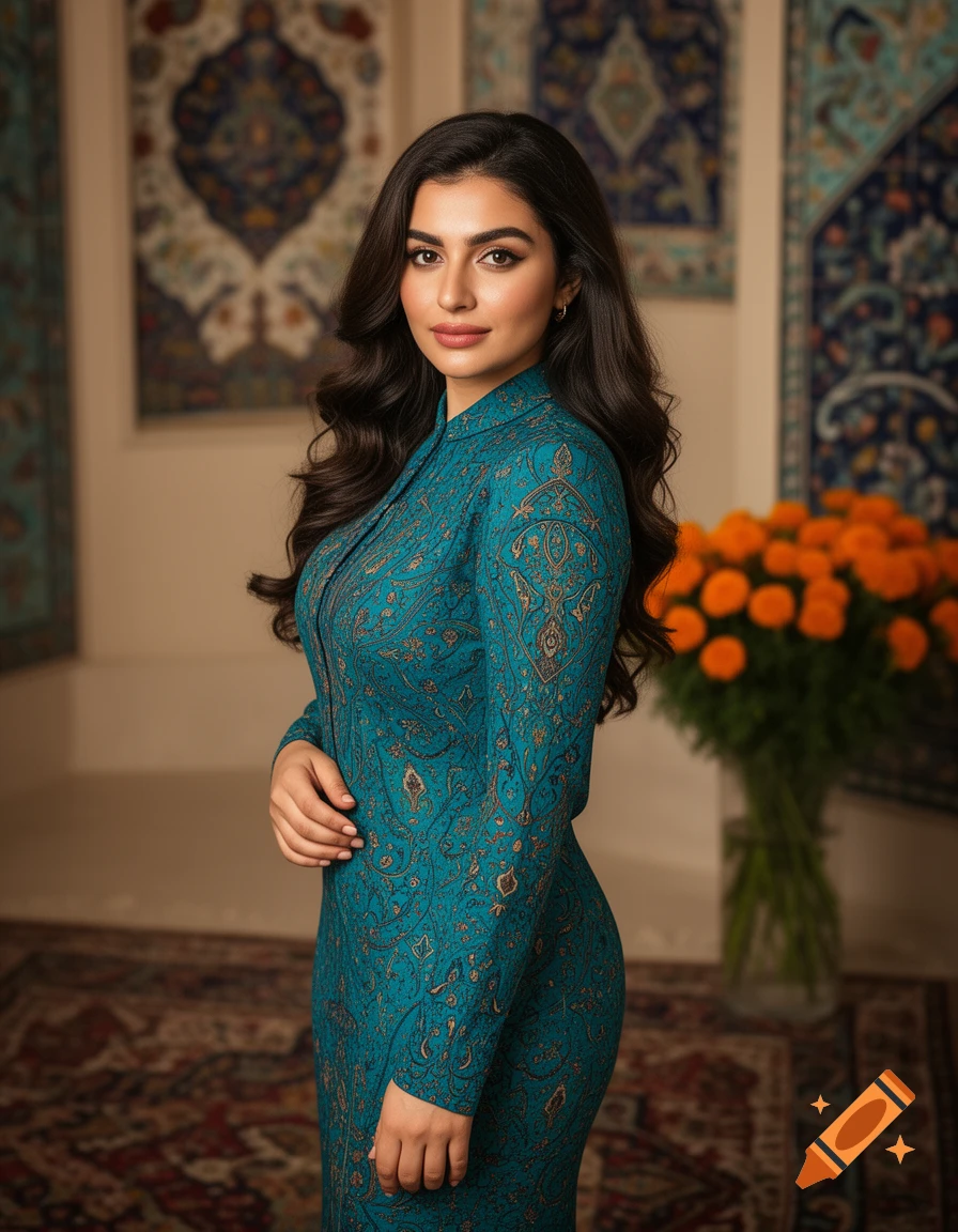 A beautiful woman with dark, wavy hair in a teal patterned dress stands in an ornate room with a vase of orange flowers.