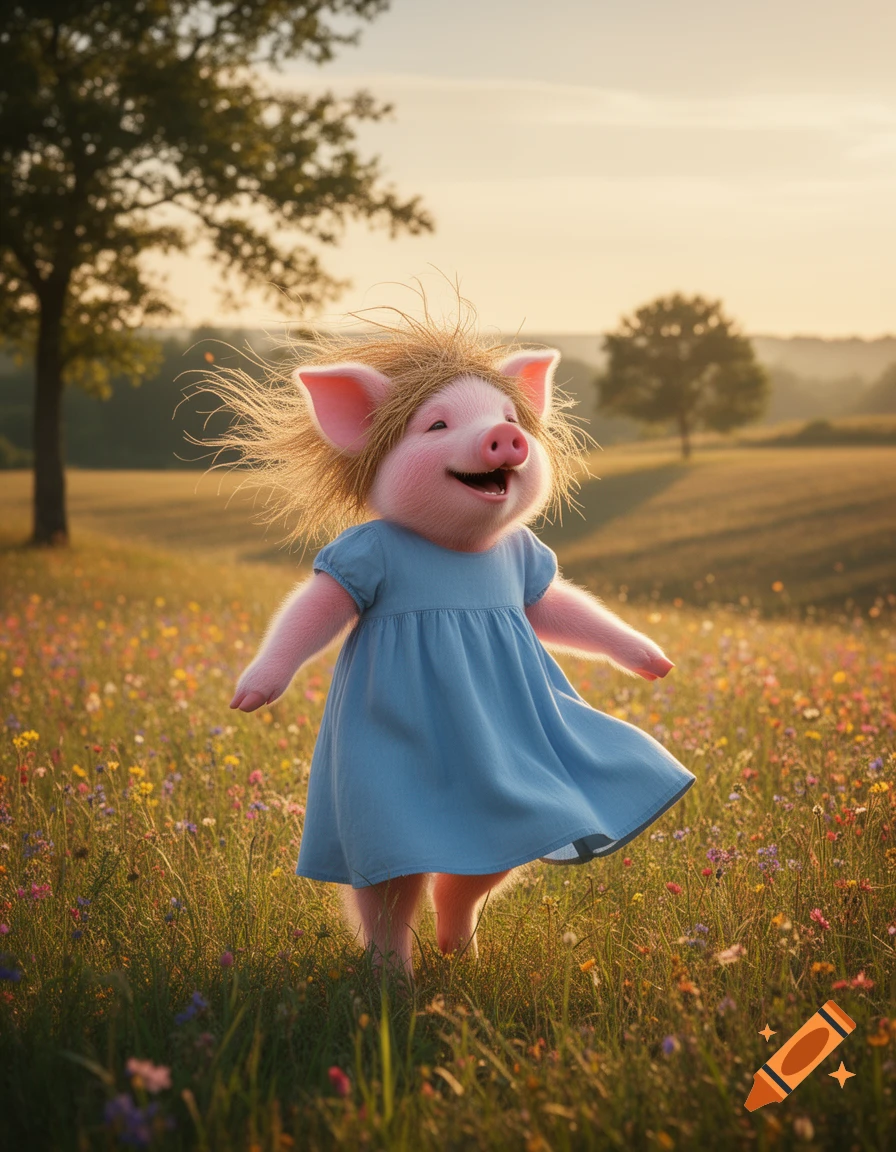 A smiling pig wearing a blue dress and messy straw-like hair stands in a sunny field of wildflowers.