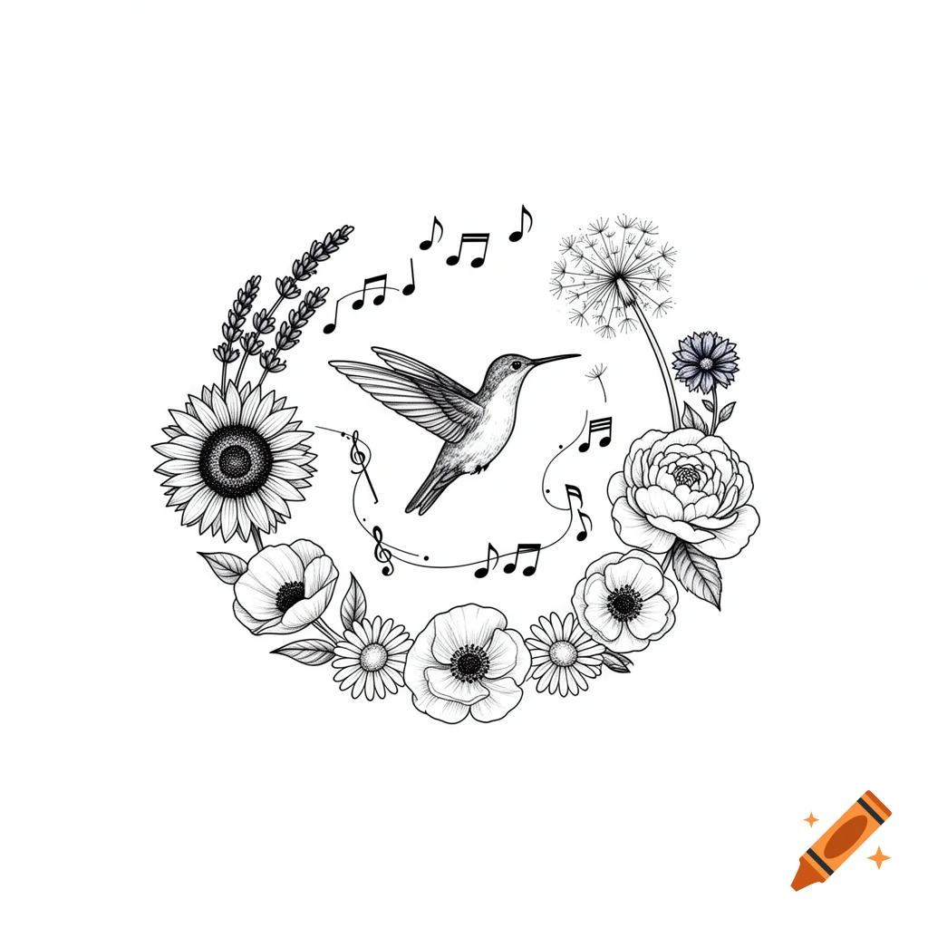 Minimalist black and white line art tattoo design with a hummingbird, musical notes, and various flowers in a wreath.