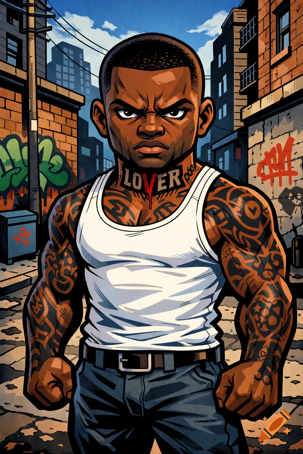 Cartoon illustration of a serious Black man with a muscular build, covered in tattoos, wearing a white tank top, in a gritty urban setting.