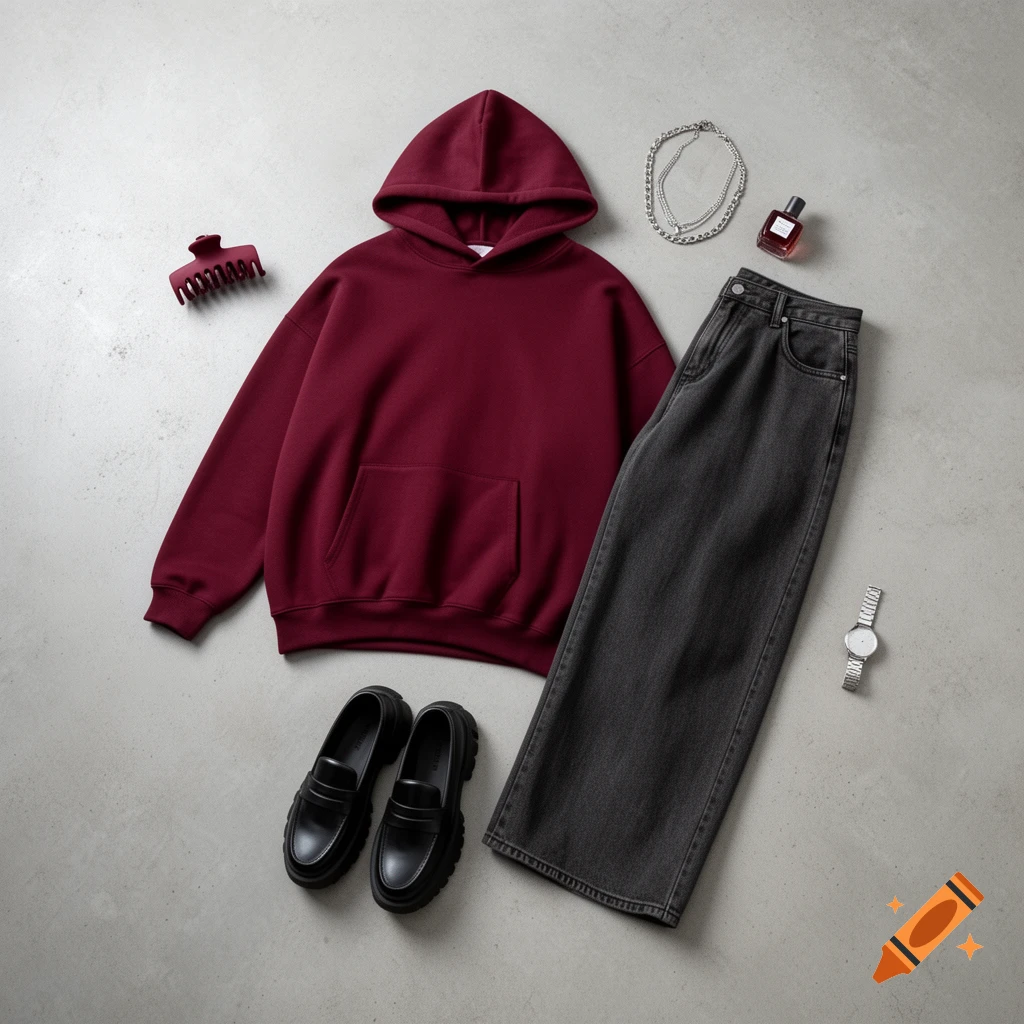 A flat lay of a bordeaux red hoodie, charcoal jeans, black loafers, a silver necklace, hair clip, perfume, and watch on a concrete floor.