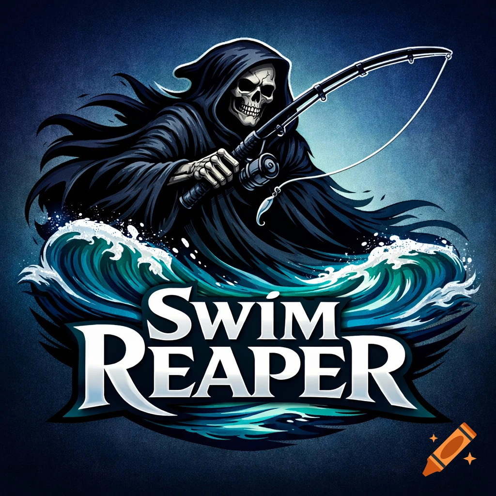 A stylized logo featuring a grim reaper in a black robe holding a fishing pole, rising from blue ocean waves, with the text 'Swim Reaper'.