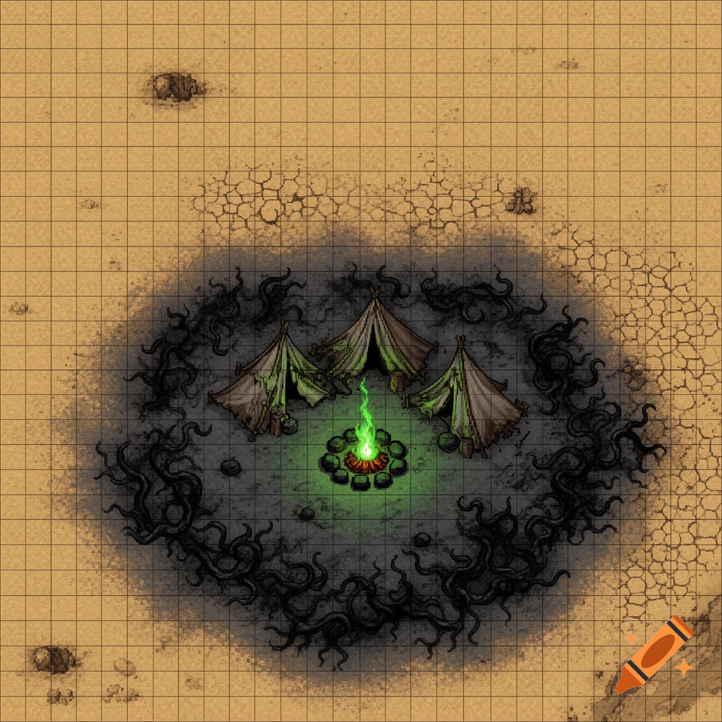 Top-down pixel art D&D battle map of a desert encampment with three ragged tents, green fire, and black eldritch tendrils.