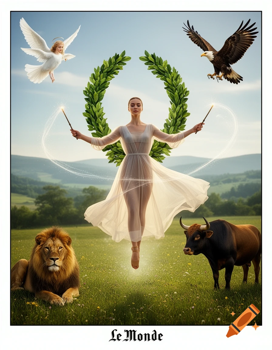 A photorealistic depiction of 'Le Monde' tarot card with a levitating woman, angel, eagle, lion, and bull in a vibrant field.
