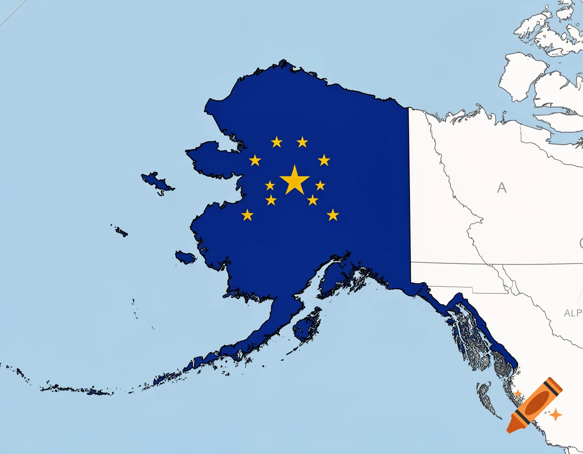 A political map showing the outline of Alaska filled with a blue flag featuring yellow stars, bordered by a white map of Canada.