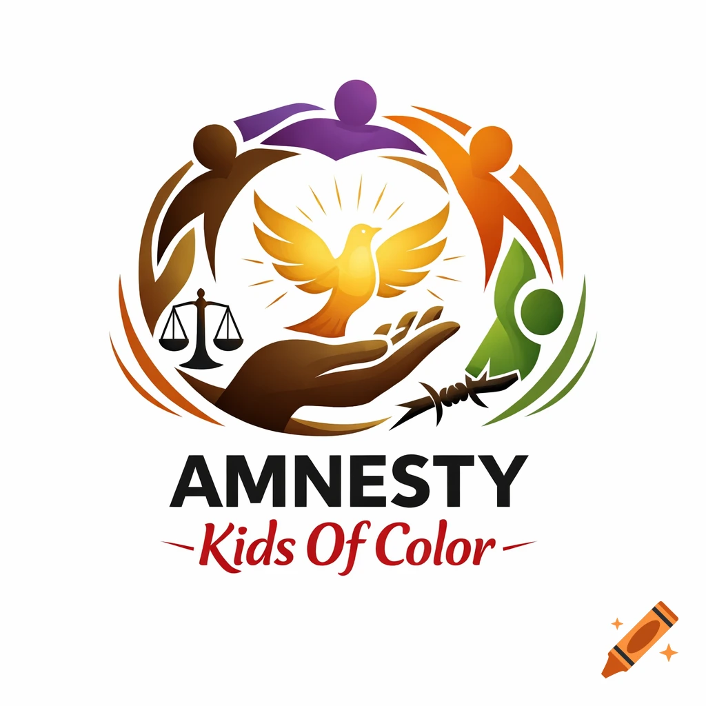 A colorful logo depicting a circle of diverse people surrounding a hand holding a golden dove, with scales of justice and barbed wire, and the text "AMNESTY -Kids Of Color-" below.