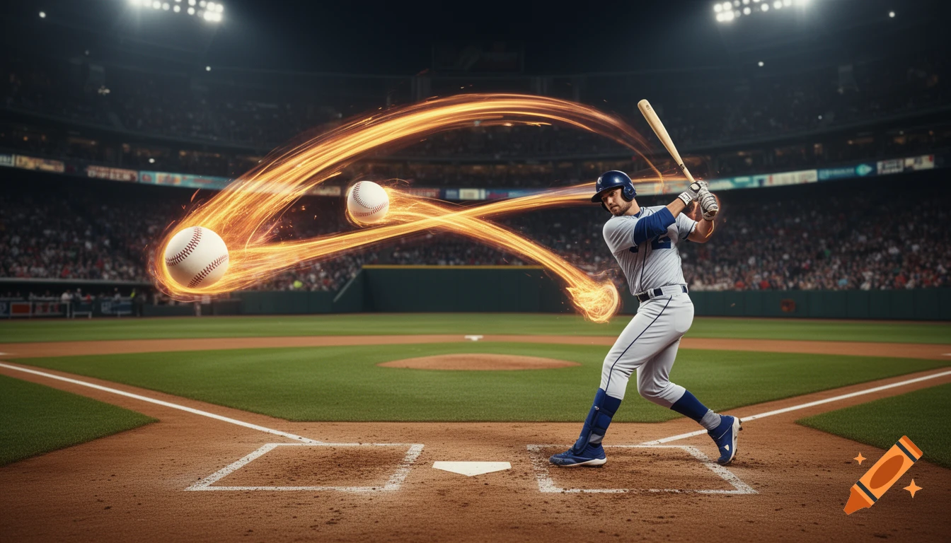 Photorealistic shot of a baseball player mid-swing in a stadium, with two glowing baseballs illustrating pitch tunneling.