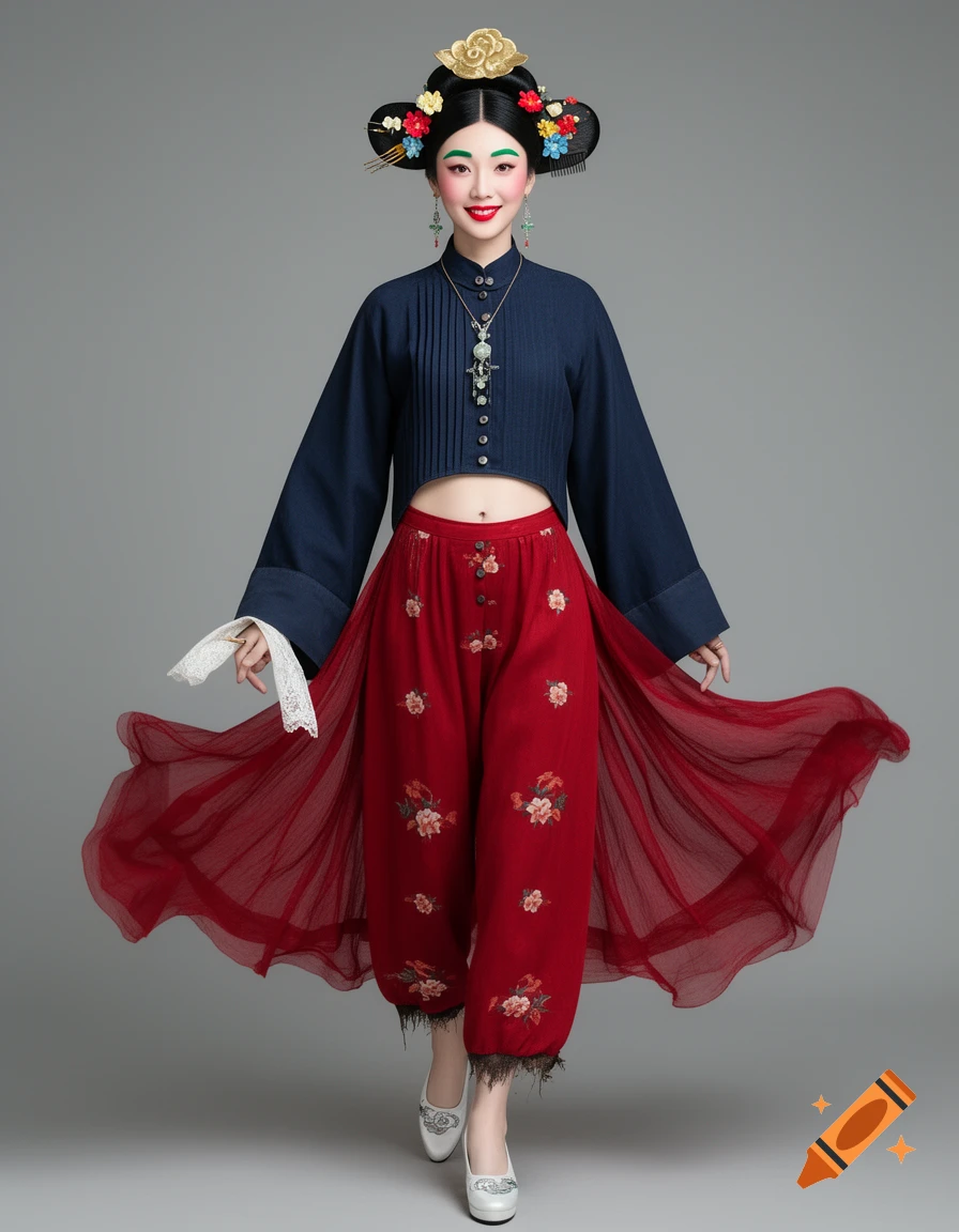 A Chinese woman in elaborate traditional attire, with a dark-blue top, red embroidered pants, and a flowing red sheer skirt, smiling brightly.