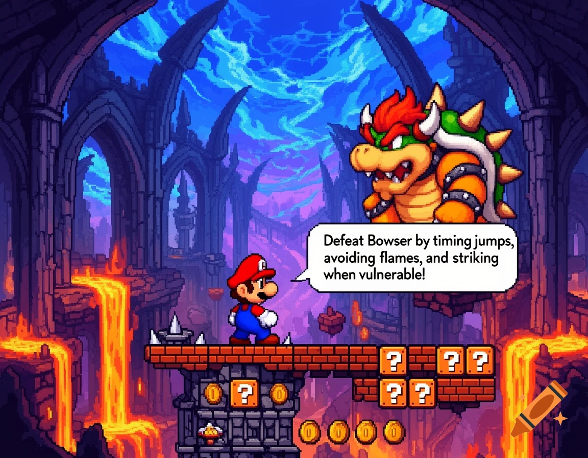 Pixel art of Mario facing Bowser in a lava-filled castle, with a speech bubble giving instructions.