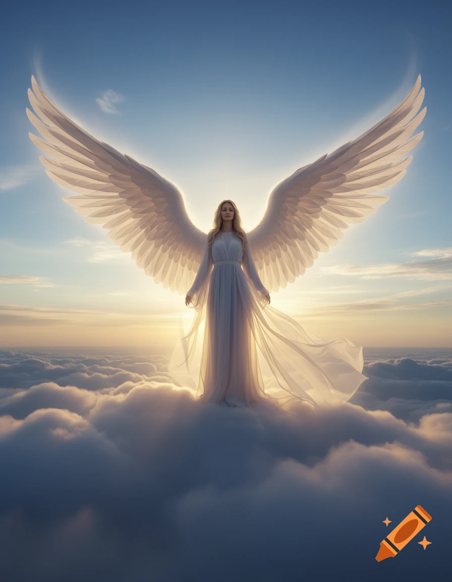 A serene female angel with massive white wings stands on soft clouds at sunset, bathed in a warm glow.