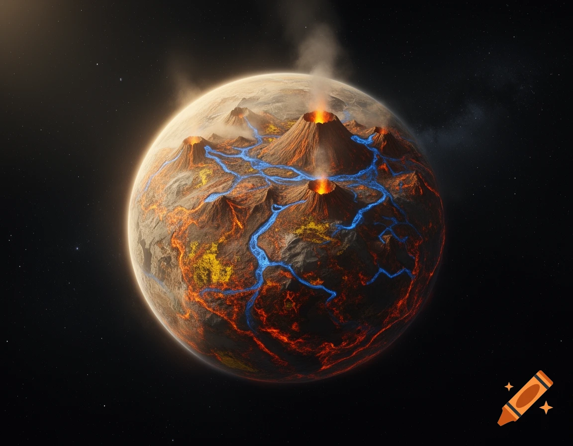 A highly detailed, volcanic planet with glowing orange lava and blue lava rivers, smoking volcanoes, set against a star-filled space.