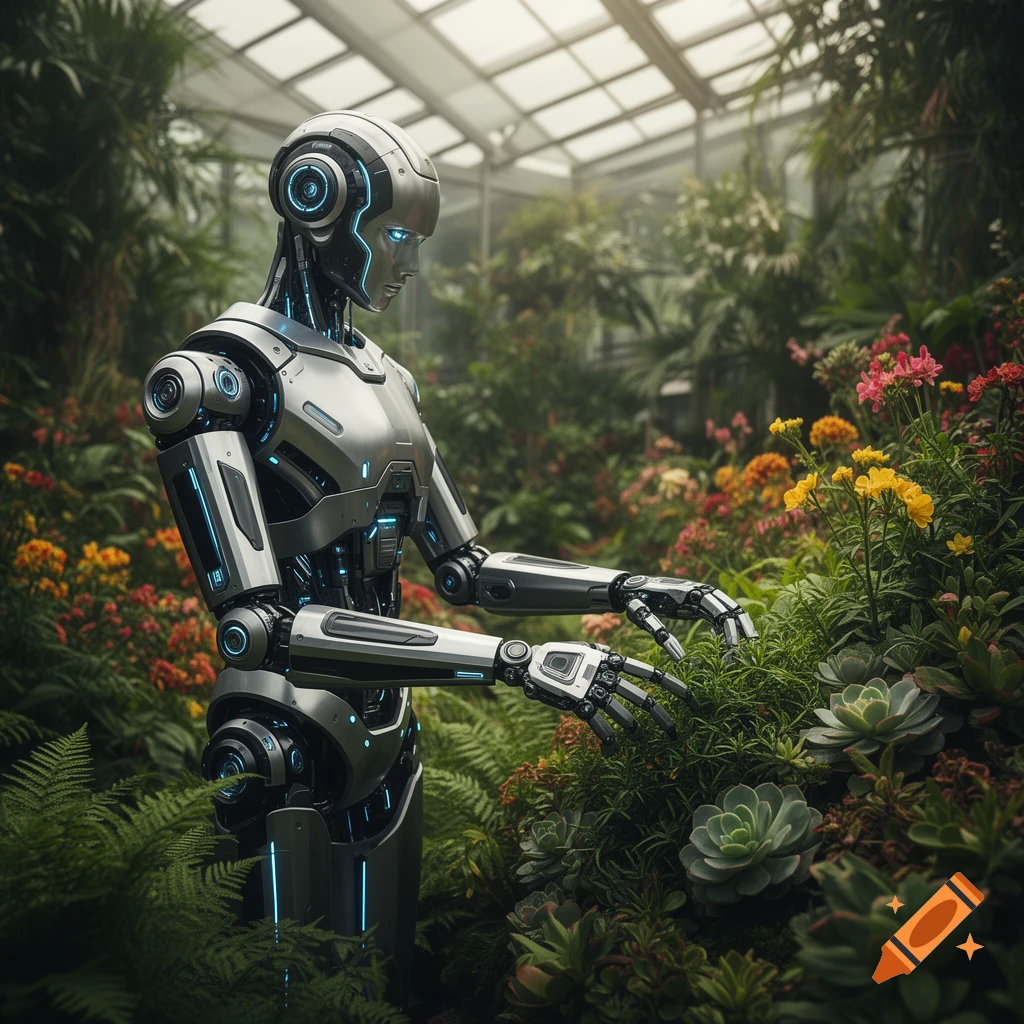 Photorealistic robot in a lush greenhouse tending to various colorful ...