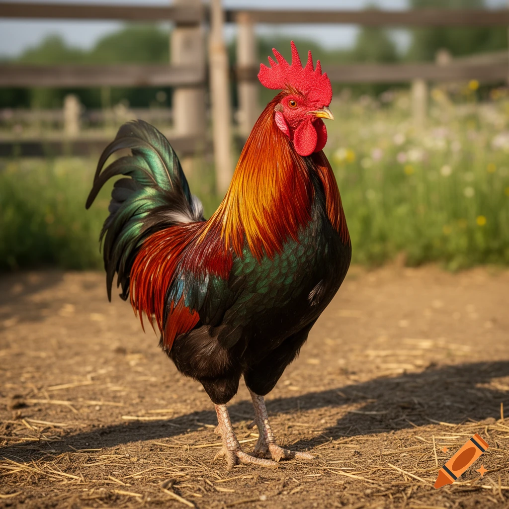 A colorful rooster with red comb and wattle, and iridescent black, green, and orange feathers stands on dry dirt. A wooden fence and green field are in the blurred background.