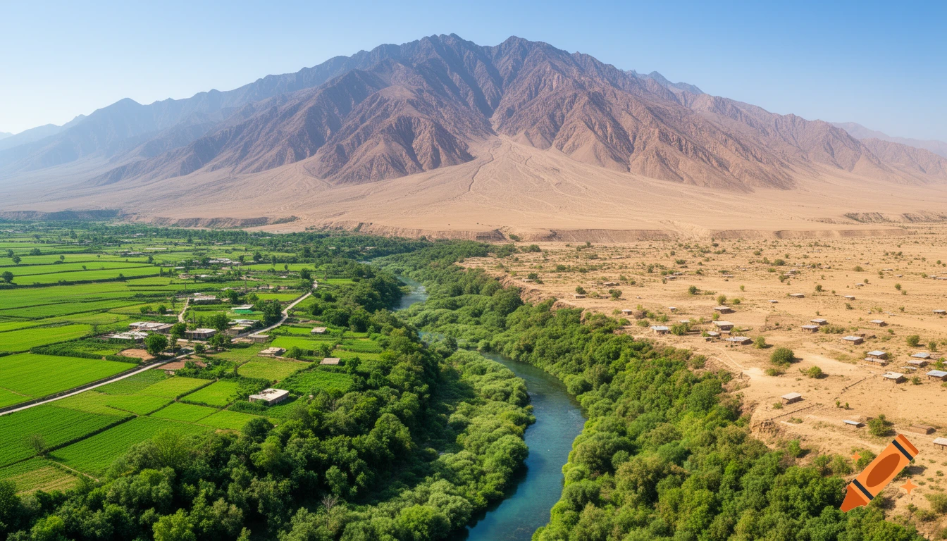 An aerial view shows a lush green river valley and agricultural fields sharply contrasting with a dry, sandy plain and towering mountains under a clear blue sky.