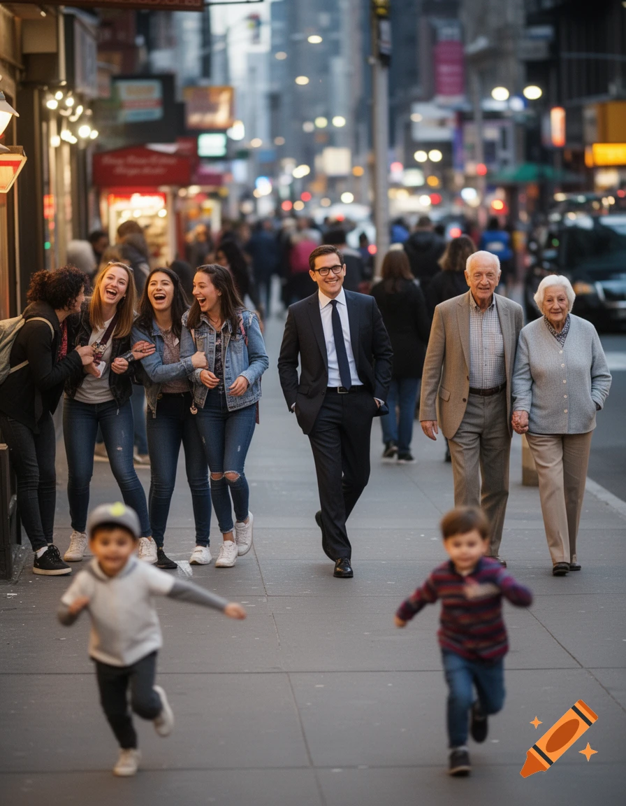 Photorealistic image of diverse people, including children, young adults, and an elderly couple, on a busy city sidewalk.