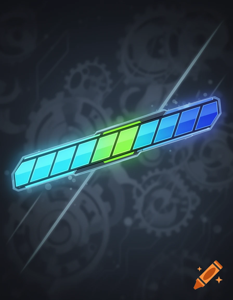 A vibrant blue and green glowing futuristic progress bar against a dark background with subtle gear and circuit patterns, anime style.