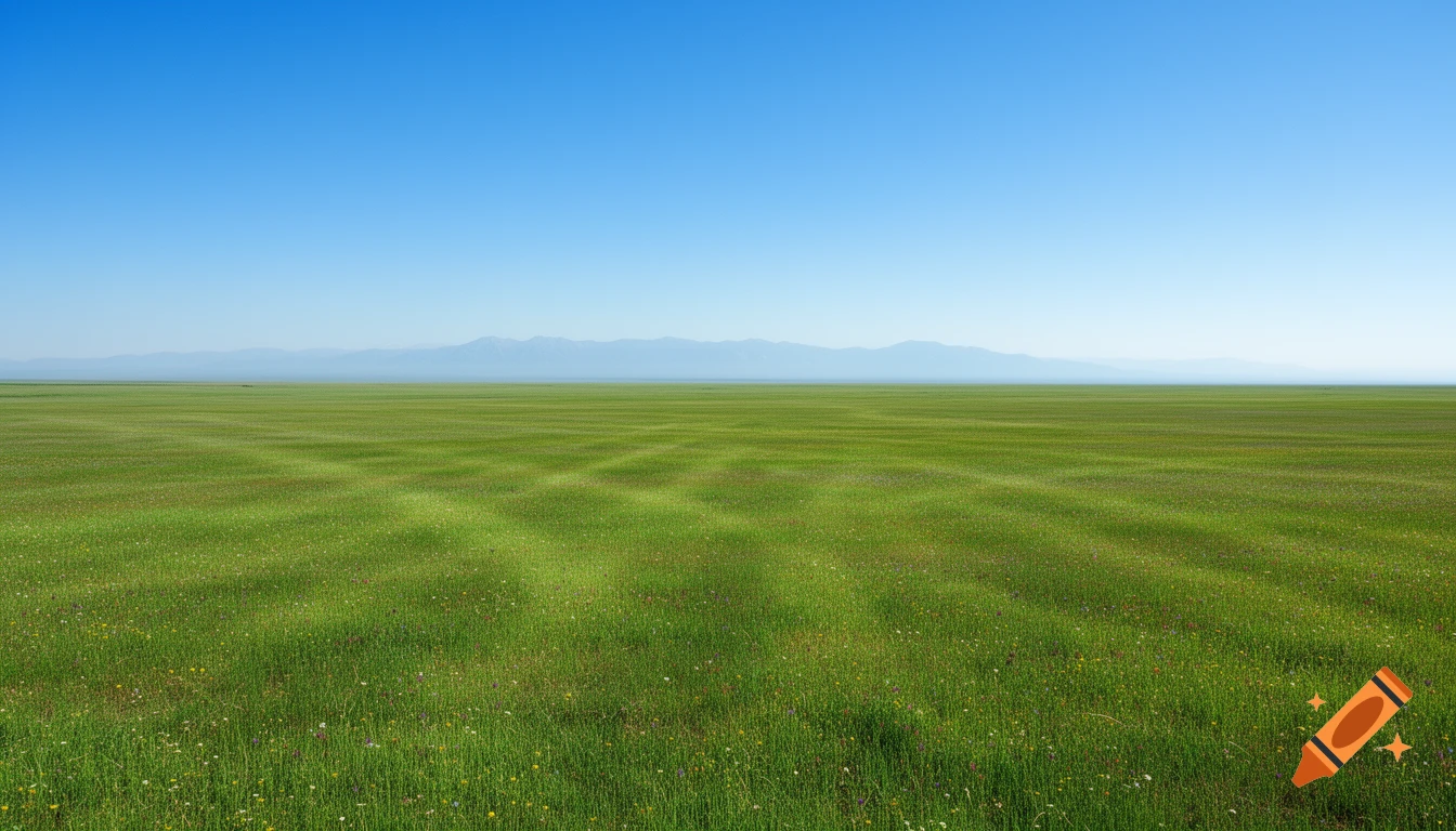 A vast, vibrant green field stretches to distant blue mountains under a clear, bright blue sky, with subtle patterns in the grass.